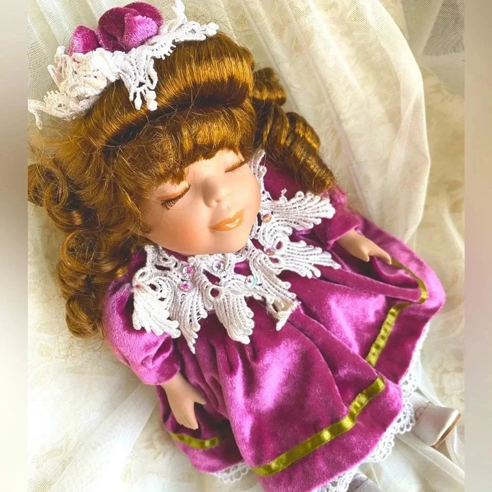 Cute Purple dress Girl porcelain doll with Long Brown Hair Pretty curls & Hat
